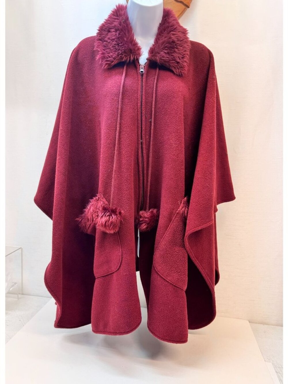 Womans  Burgundy Cape-Faux Fur trim- Le Moda-